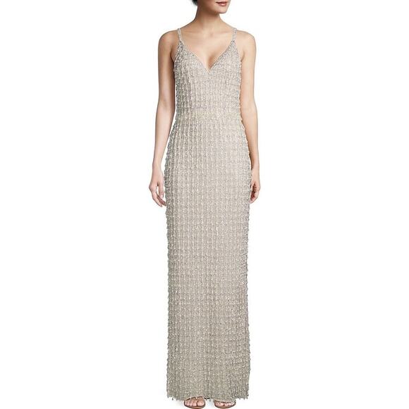 Mac Duggal Bead Embellished Chandelier Column Nude/Silver Formal Gown Size 8 - Picture 1 of 7